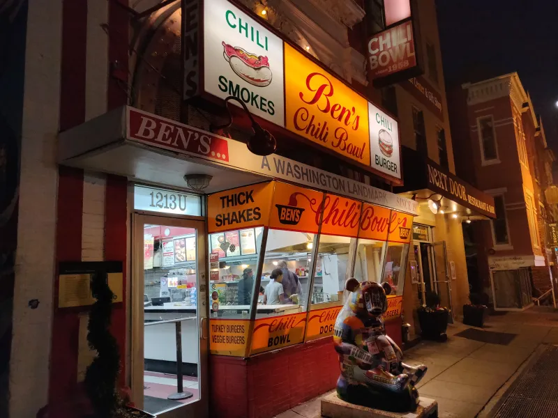 Ben's Chili Bowl, the famous half-smoke institution on U Street, lit up at night, Washington, D.C.