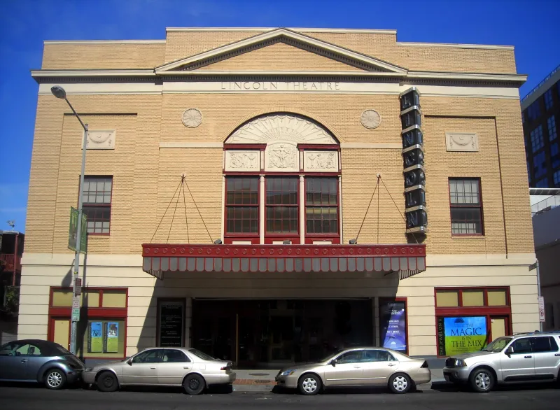 The restored Lincoln Theatre marquee glowing on the U Street nightlife corridor, Washington, D.C.