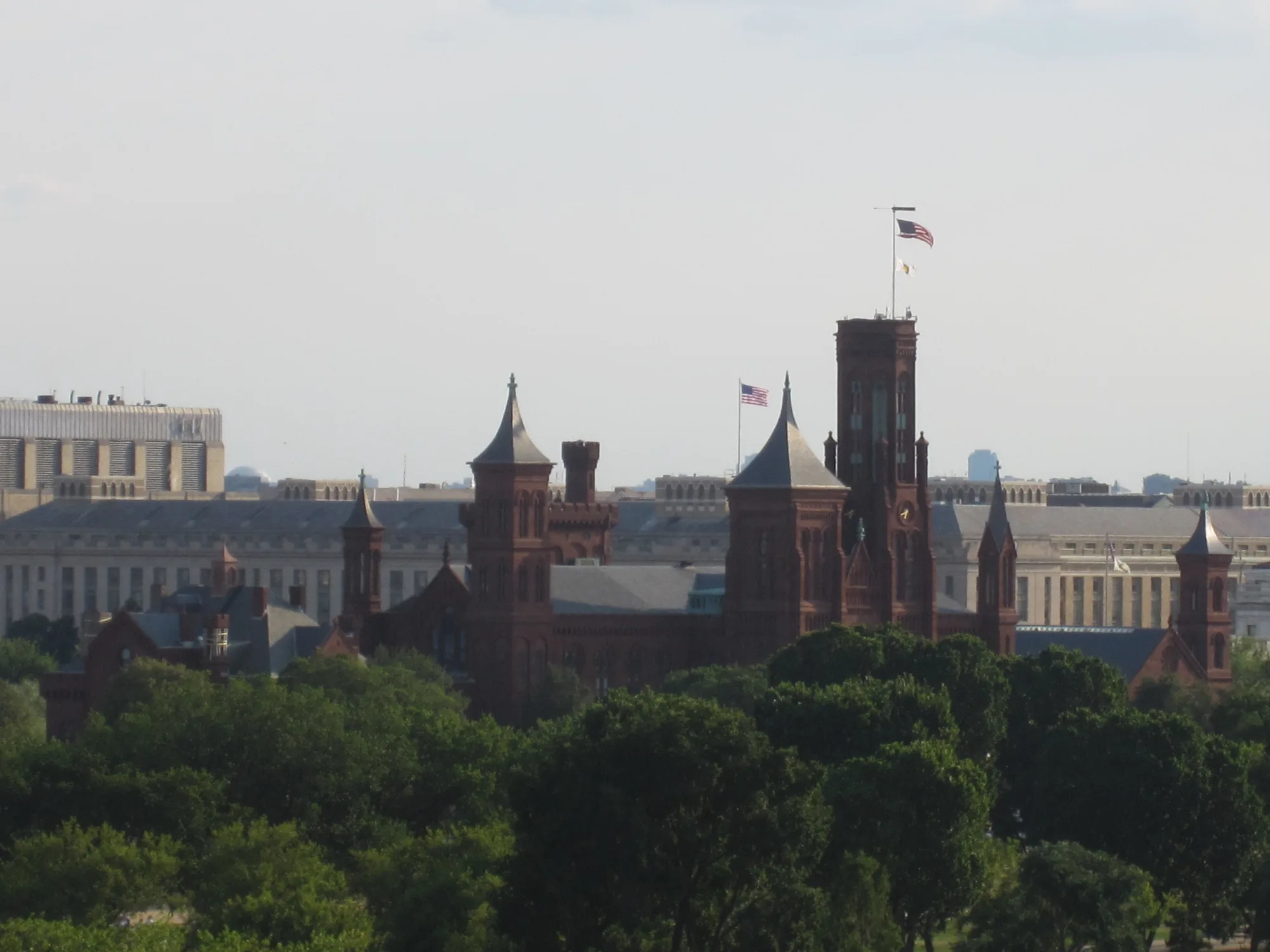 The red-sandstone Smithsonian Castle on the National Mall, near the museum cafés, Washington, D.C.