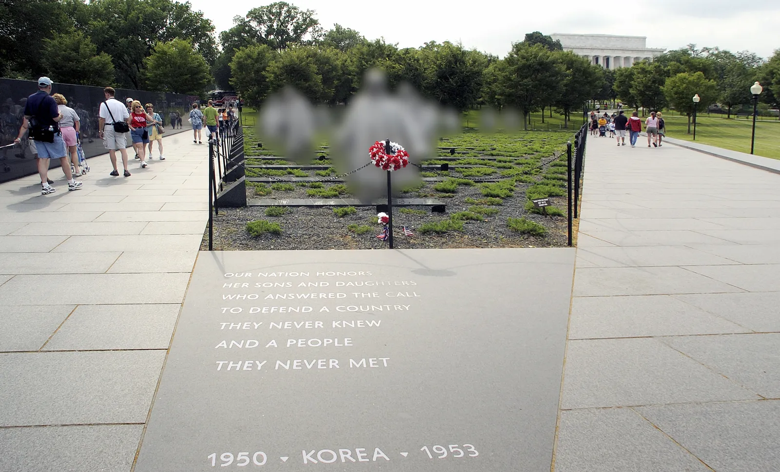 The Korean War Veterans Memorial's granite tablet and field, the Lincoln Memorial beyond